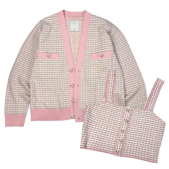 Sandro Knit Cardigan & Tank Top Set Womens Size 2 Pink Pearl Button Brandy 2pc